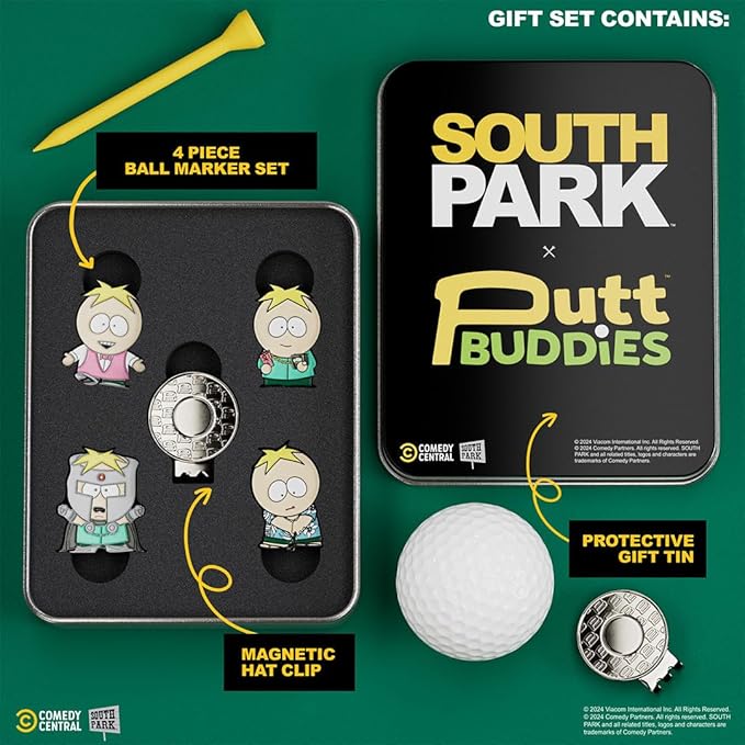 South Park Butters Golf Ball Marker – 4 Pack Set, Metal Enamel Magnetic Ball Markers with Hat Clips, Officially Licensed Collectible Golf Accessories and Gifts for Men and Women Golfers