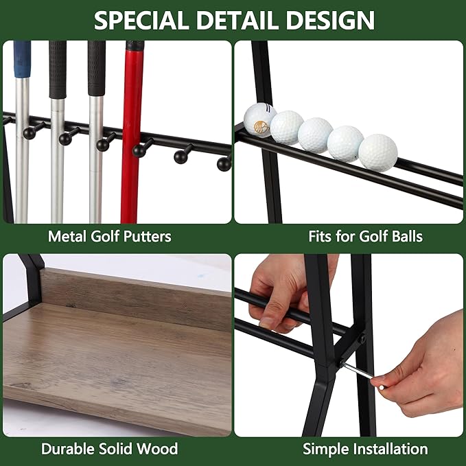 Golf Club Holder for 9 Clubs & 9 Balls, Solid Wood & Iron Golf Organizer, Golf Putter Holder Floor Stand, Golf Club Stand Suitable for Golf Simulators｜Golf Course Accessories
