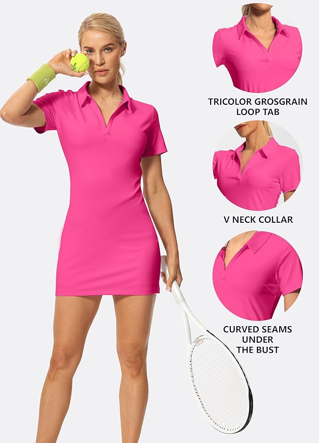 Hiverlay Golf Dresses for Women with Shorts and Pockets, V-Neck Short Sleeve Tennis Dress, Workout Athletic Dresses