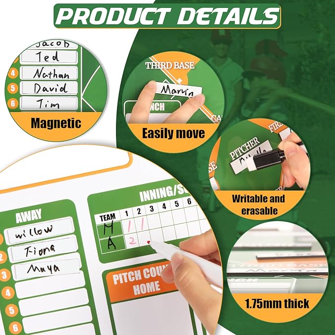 Magnetic Baseball Coach Clipboard, Dry Erase Lineup Board, Premium Tactical Baseball Coaching Board with 40 Lineup Cards and 2 Marker, Dugout Display Softball Coaching Accessories - Orange