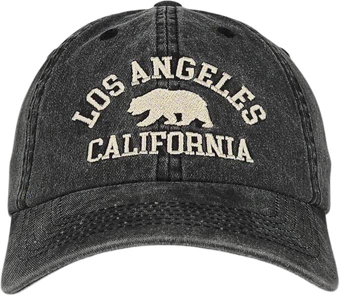 LA California Bear Embroidered Vintage Cotton Baseball Cap Adjustable Metal Buckle Unstructured Low-Profile Hat Men & Women