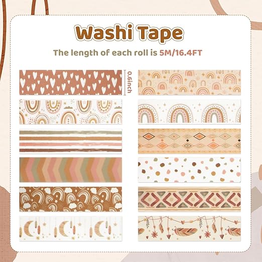 12 Rolls Washi Tape Set, Retro Boho Vintage Colored Rainbow Sun Stars Masking - Image 2