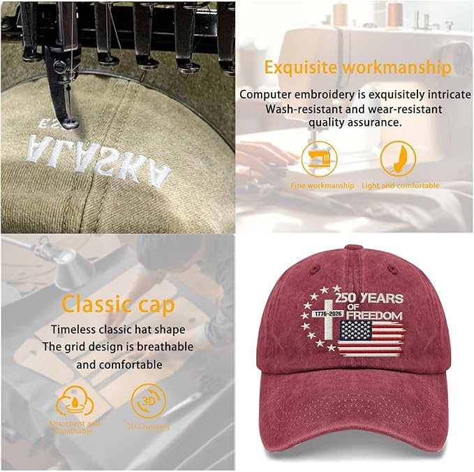 US 250th Anniversary Hat, Patriotic Embroidered Cap, 1776-2026 Freedom Celebration, 250 Years American History Gift Patriots