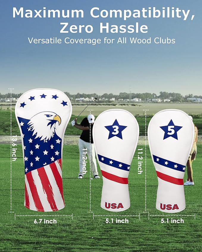 Fitense Golf Head Covers, 3 Pack Golf Club Head Covers USA Stars and Stripes, Velour Lined for Extra Club Protection, Designed to Fit All Woods and Drivers Velour Lined
