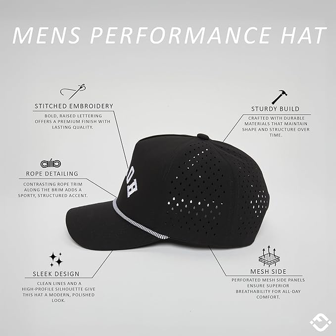 Funky Junque Performance Waterproof Golf Rope Hat – Cool Breathable Workout 5 Panel Snapback Cap for Men