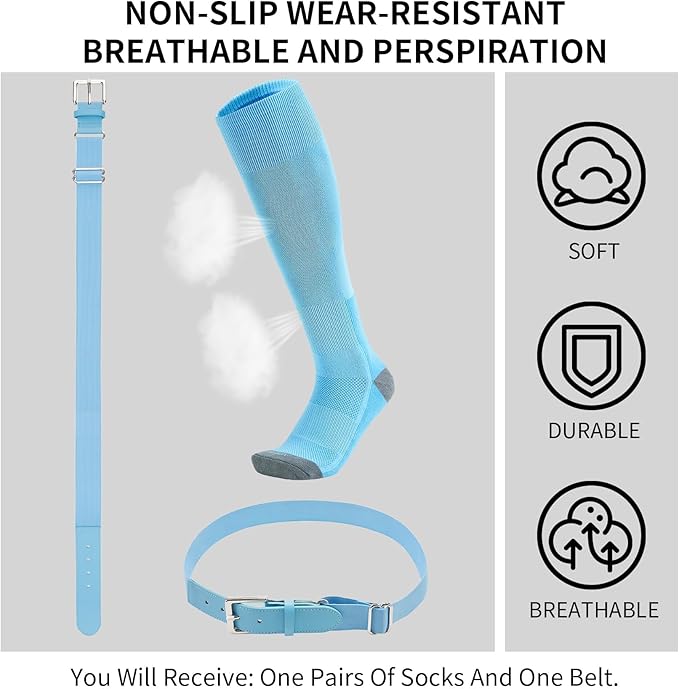 QBK Youth Baseball Socks & Belt Combo Set for Kids 2-16 Years -Softball/Tee Ball Accessories (1 Pair + 1 Belt, Unisex)
