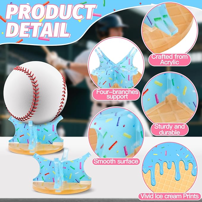 Ice Cream Baseball Holder for Balls - Novelty Baseball Display Stand for Souvenirs & Autographed Balls - Cute Desktop Baseball Case Decor for Boys Room & Kids Gifts, Single Ball Support