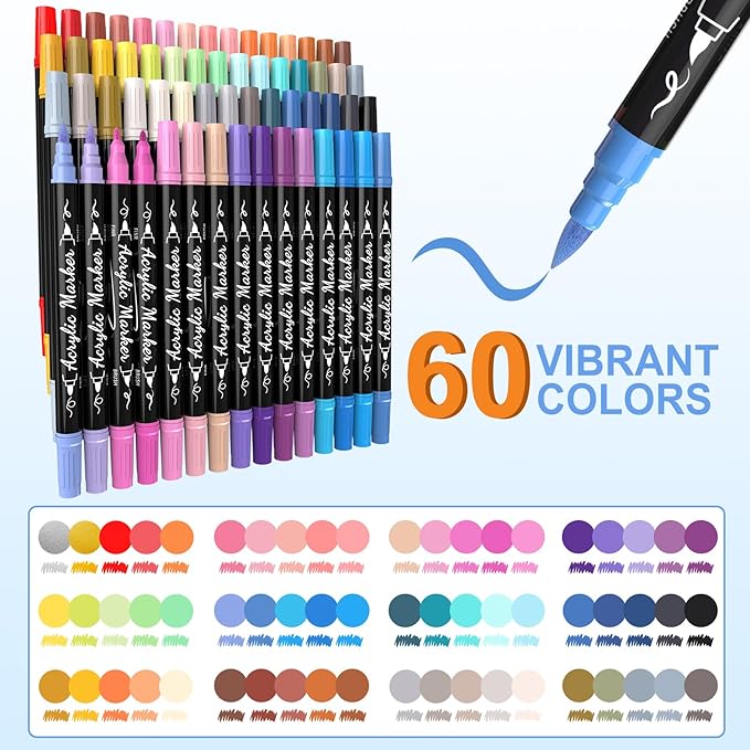 TOSAHRE Acrylic Paint Pens Markers 60 Colors Waterproof Dual Tip Acrylic - Image 2