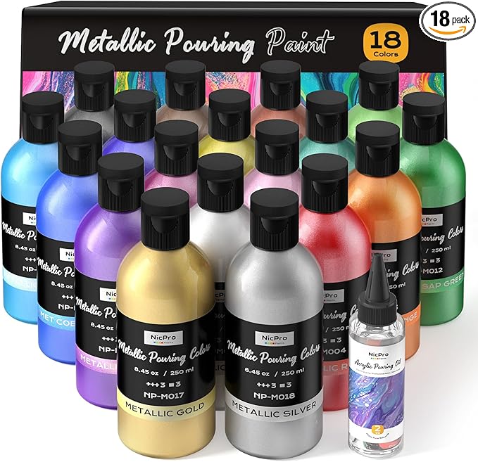 Nicpro 18 Colors 8.45oz Metallic Acrylic Pour Paint Supplies Kit, Large Volume by Nicpro