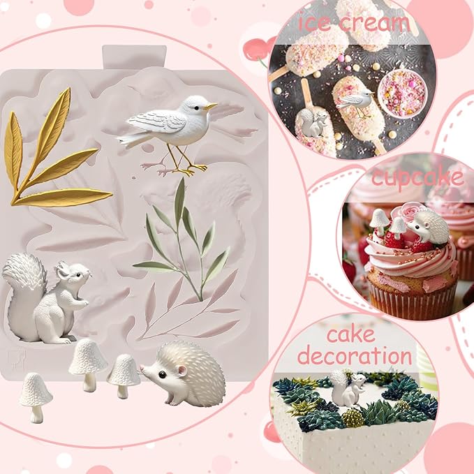 1Pcs Cute Hedgehog Squirrel Silicone Mold, Mushroom Leaf Chocolate Fondant Mold - Image 5