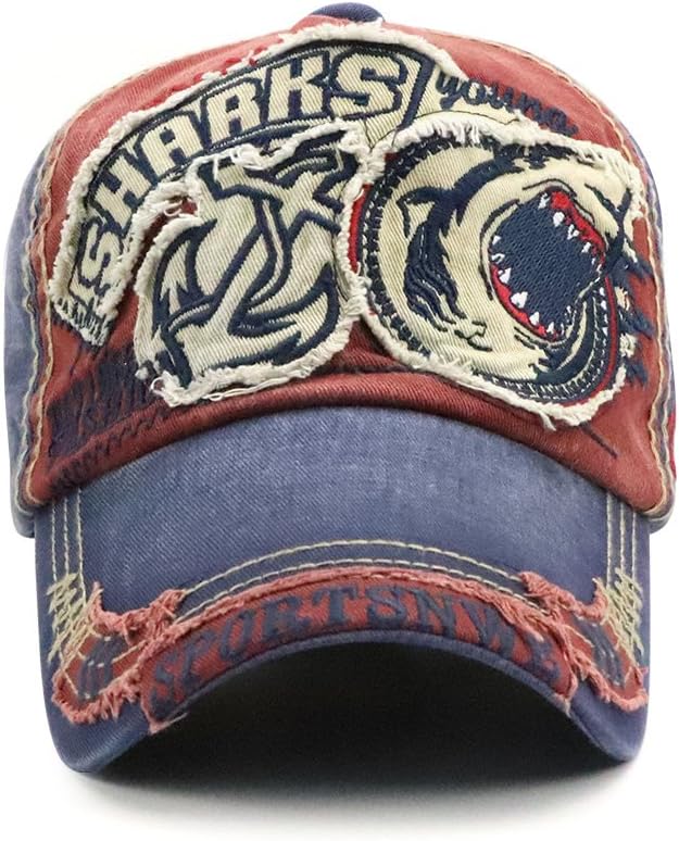 Elwow Men's Oilcloth Front Decor Washed Distressed Embroidery Baseball Cap Driver Trucker Hat with Eagle & Shark Patch