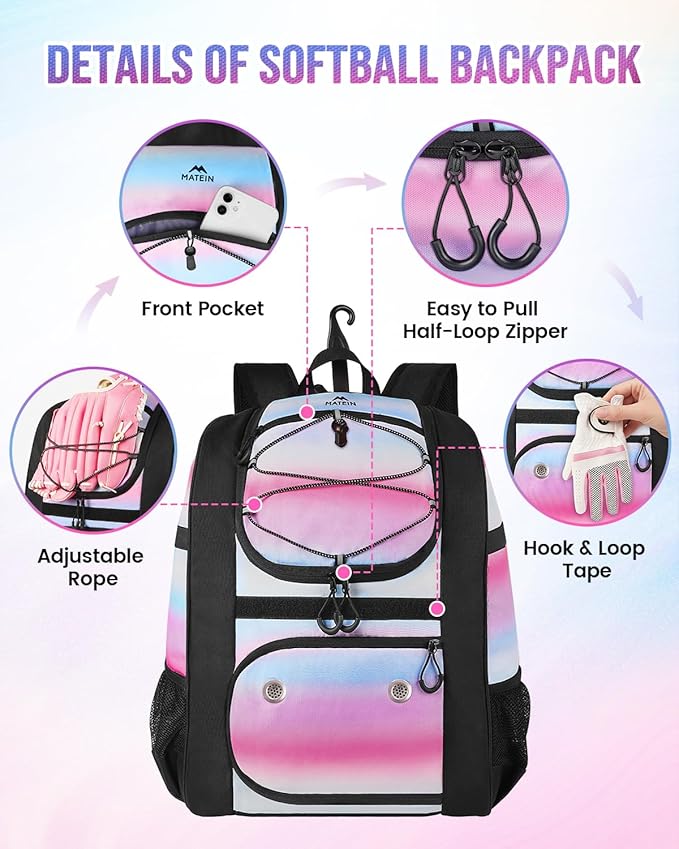 MATEIN Softball Bag, Lightweight Baseball Backpack with Shoe Compartment, Baseball Bag with Fence Hook for TBall Bat & Equipment, Softball Gifts Catchers Backpack for Women Fit Catcher’s Mitt, Helmet