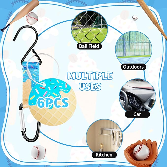 Eyourlife Dugout Organizer Fence Hook Baseball Softball Gift for Bag Backpack Glove Helmet Drinking Bottle Hanging with Name Luggage Tag Charms Team Gift for Coach Mom 6set Blue ice Cream drip 1 Hook