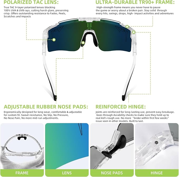 2-Sizes Kids Youth Baseball Sunglasses Men Women Vipers Sunglasses Softball Boys Girl True Polarization &UV Protection