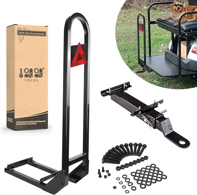 10L0L Golf Cart Rear Seat Safety Grab Bar & Trailer Hitch with Receiver Universal Fits Yamaha,Club Car, EZGO,Street Legal Heavy Duty Grab Bar w/Triangle Safety Sign