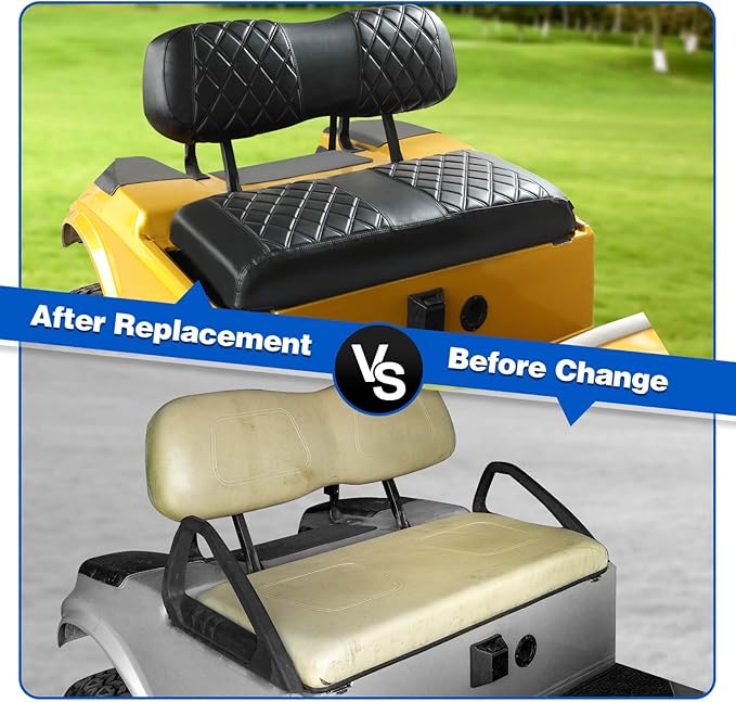 NOKINS 4PCS Golf Cart Diamond Seat Covers Kit, Front and Rear Seat Covers Fits Club Car DS 2000.5-Up Standard Seat Cushion, Club Car DS Vinyl Seat Covers Accessories(Black&Black Stitching)