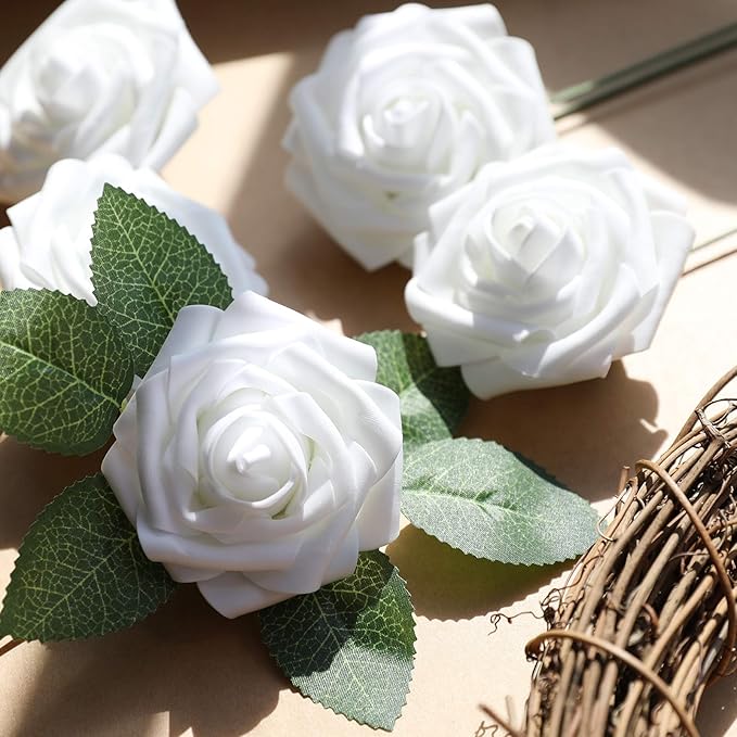 AmyHomie Artificial Flowers White Rose 100pcs Real Looking Fake Roses w/Stem - Image 3