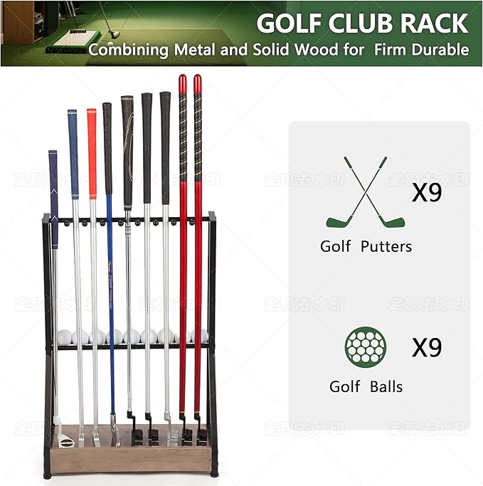 Golf Club Holder for 9 Clubs & 9 Balls, Solid Wood & Iron Golf Organizer, Golf Putter Holder Floor Stand, Golf Club Stand Suitable for Golf Simulators｜Golf Course Accessories