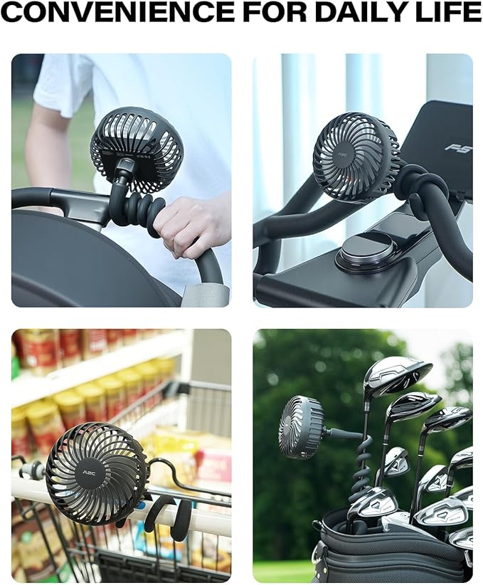 A2C Golf Cart Fan Rechargeable – 3-Speed, 360° Adjustable Gooseneck | 4000mAh Battery | Compatible with Golf Carts & Push/Pull Carts