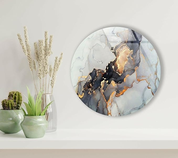 My Photostation.com 15.8'' Diameter Gold Details Gray Marble Round Glass Wall - Image 4