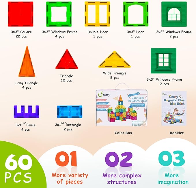 cossy 60 Pcs Magnet Tiles Magnetic 3D Building Blocks Set Educational - Image 5