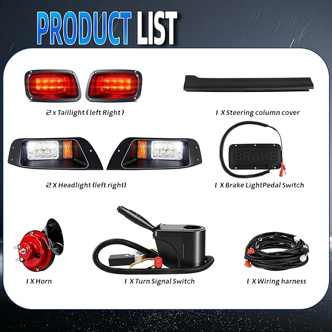Golf Cart Light Kit for EZGO TXT Gas & Electric 1996-2013, 12V Street Legal Full Headlight Tail Light Kit with Turn Signal Switch, Horn Button, Hazard Flasher and Brake Pad