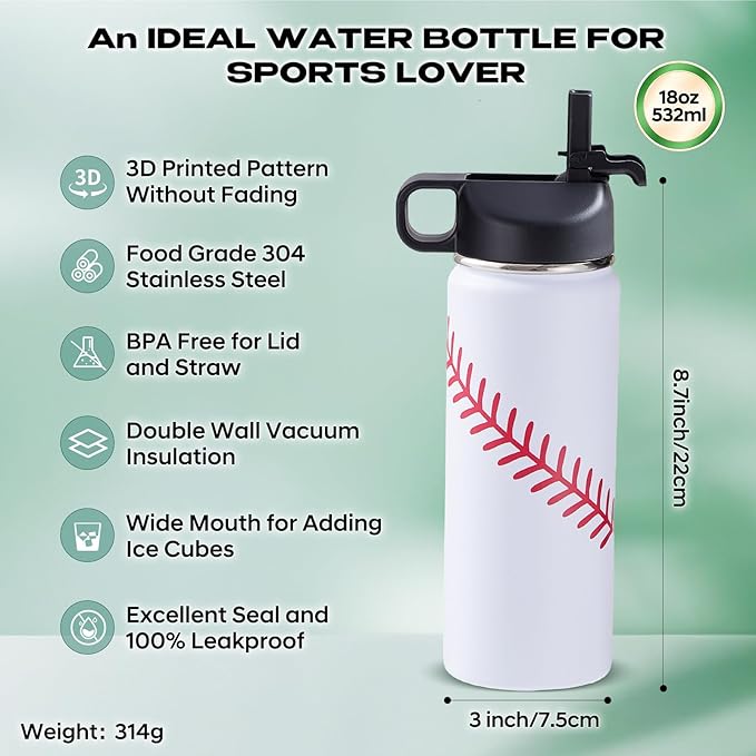 Baseball Water Bottles for Boys 18 oz and 100 PCS Baseball Stickers Sports Insulated Stainless Steel Water Bottle Baseballs Accessories Stuff Gear Gifts For 8-12 12-14 Player