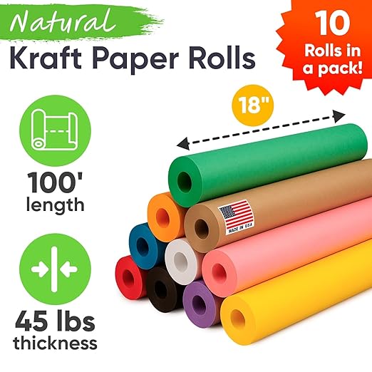 18" x 1200" Pack of 10 Rolls USA-Made Multi-Color Kraft Paper Rolls, 45 lbs/66 - Image 2