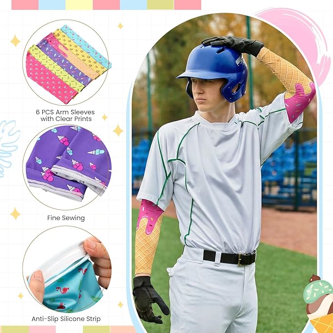 6 Pair Baseball Arm Sleeves Ice Cream Drip Palm Tree Sun Protection Youth Breathable Cooling Sleeve