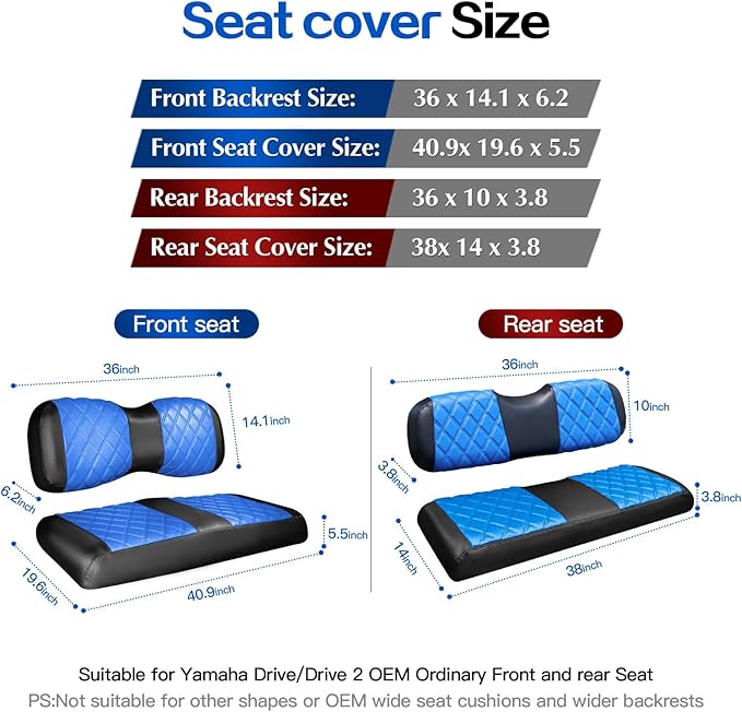 NOKINS 4PCS Golf Cart Diamond Seat Covers Kit,Front and Rear Seat Covers for Club Car Precedent/EZGO TXT/Yamaha Original Regular Seat Cushion (Blue and Black, Fit Yamaha Drive/Drive 2)
