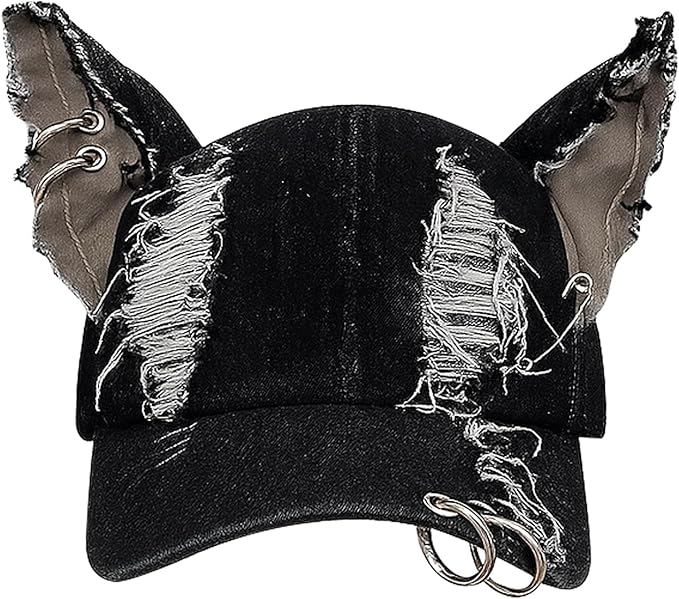 Shyyween Y2K Grunge Hat with Ears Bunny Ear Hat Cat Distressed Denim Baseball Cap Iron Ring Punk Outfit for Women Accessories