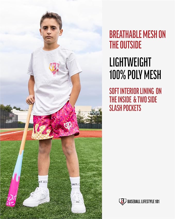 Baseball Lifestyle 101 Boy's Ice Cream Strawberry Mesh Shorts w/Side Pockets Elastic Waist, 5 in Inseam, Youth Sizes S-XL