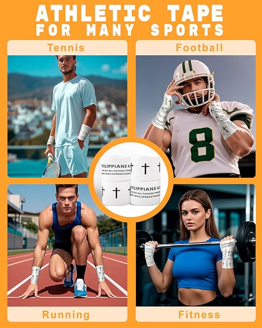 Yigney 4 Pack Christian Athletic Tapes Religious Sport Tape Bible Verse Wrist Tape Cross White Tape for Sports Gymnastics Tennis 2IN X 23FT