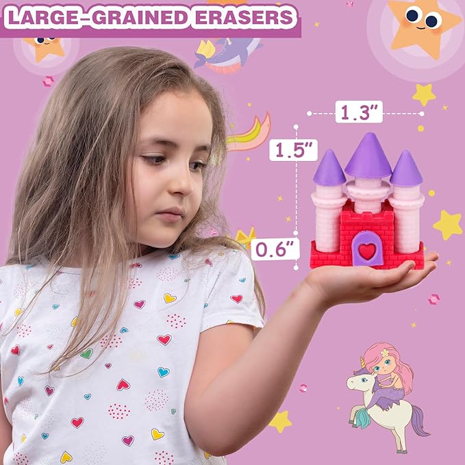 Erasers Set for Kids, Princess Castle Pencil Eraser Bulk for Kids, Take Apart - Image 2