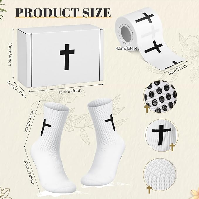TrelaCo 4 Pack Christian Sports Gift Set with Athletic Tape Sport Socks Cross Necklace Gift Boxes Religious Soccer Socks