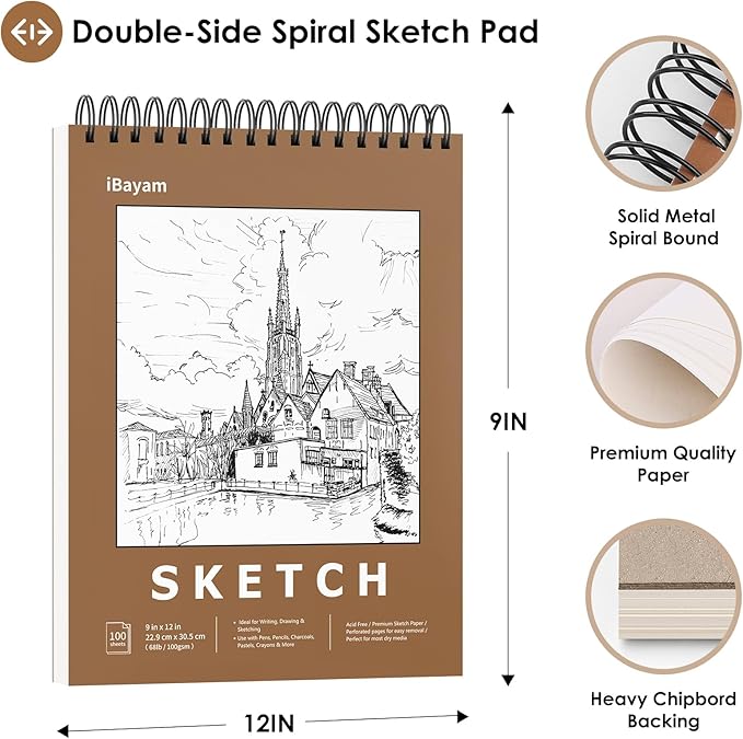 iBayam 9" x 12" Sketch Book Set, 200 Sheets Premium Sketchbook, Acid-Free Art - Image 2