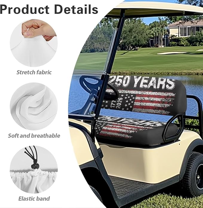 Bulopur American 250 Years Flag Golf Cart Towel Seat Cover Non-Slip Breathable Golf Cart Cushion Cover and Backrest Cover 2 Pack Golfcart Accessory for Golfer Gifts