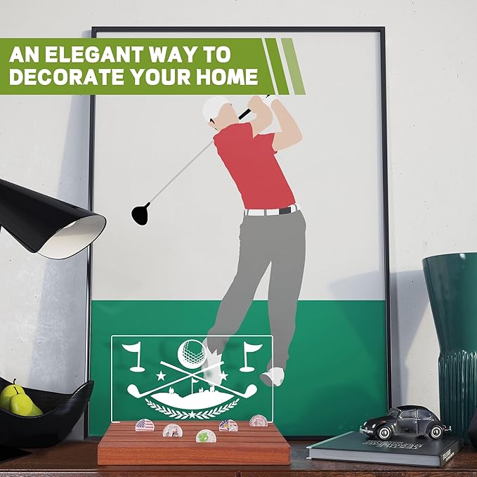 Light Up Golf Ball Marker Display, Wooden Acrylic Accessories with Warm White Color Lights USB Powered, Desk Decor, Gift for Golfers