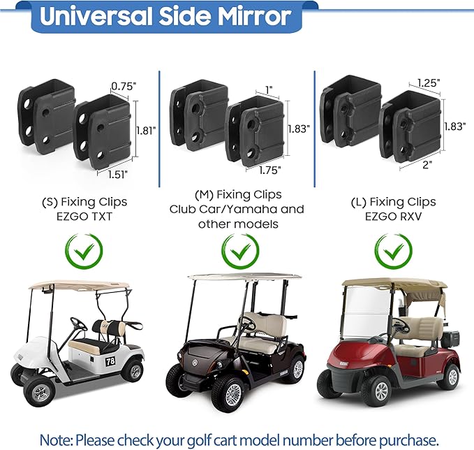 Golf Cart Side Mirrors, No Drilling 180 Degree Rotation & Foldable-HD Shatterproof Glass Mirrors for Golf Cart Club Car EZGO and Other (Multiple Size Clips) (New for 2026)