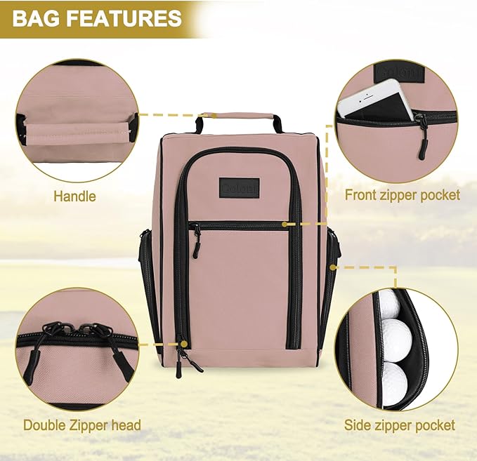 Goloni Golf Shoe Bag for Men Women, Ventilated Golf Shoe Bag with Side Pockets, Lightweight Portable Golf Shoe Carrier for Golf Shoes, Tees, Balls & Accessories,Light Pink