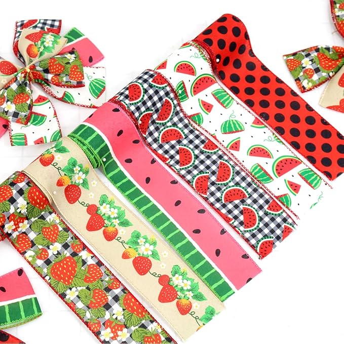 2.5" Watermelon and Strawberry Ribbon, Summer Craft Wire Edged Ribbon, Polka by Unknown