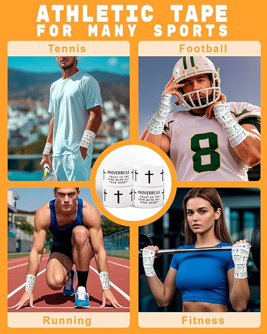 Yigney 4 Pack Christian Athletic Tapes Religious Sport Tape Bible Verse Wrist Tape Cross White Tapes for Sports Gymnastics Tennis 1.5IN X 23FT