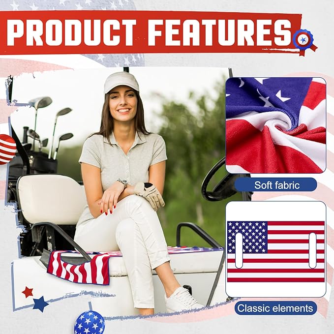 HunnmingRe 2 Pcs Microfiber Golf Cart Seat Cover American Flag Golf Blanket Portable Cushion Cover for Cart Independence Day Accessories