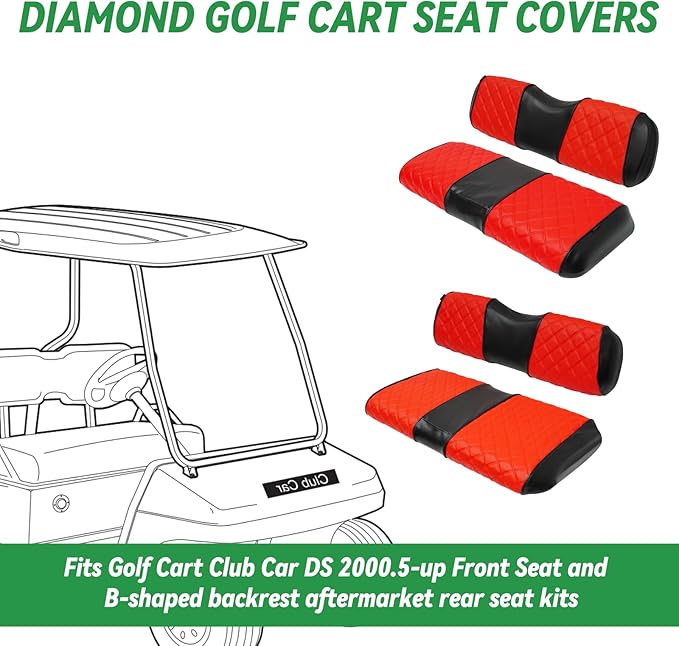 XUANYUDG0769 Golf Cart Front and Rear Seat Covers for Club Car DS 2000.5-up OEM Ordinary Front Seat and Aftermarket Common Rear Seat Kits, No Stapler Vinyl Leather Diamond Club Car Seat Covers