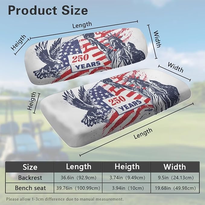Yewatlles Golf Cart Seat Covers Seat Kit, Printed Breathable Golf Cart Seat Cushions Golf Blanket Golf Club Car Accessories 250 Years American Flag Pattern