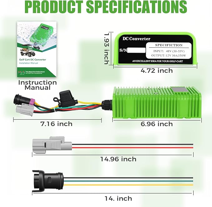 10L0L Golf Cart Voltage Reducer 36V-72V to 12V 30A 350W, Universal DC Step Down Converter, Regulator, Upgraded Version Transformer for Yamaha EZGO Club Car（Green）