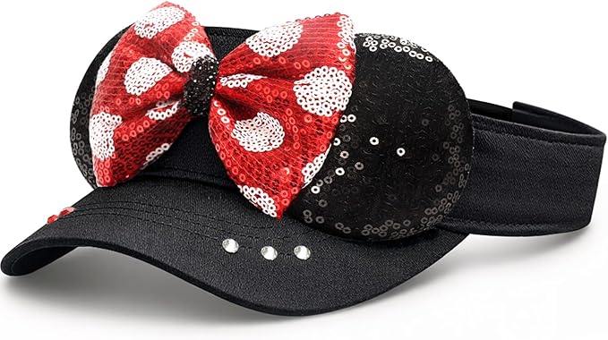 Adult Size Mouse Ears Visors for Women, Adjustable Sun Visor Hat Baseball Cap with Sequin Mouse Ears Bow for Theme Park Decor