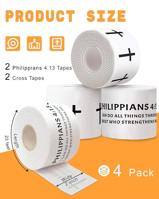 Yigney 4 Pack Christian Athletic Tapes Religious Sport Tape Bible Verse Wrist Tape Cross White Tape for Sports Gymnastics Tennis 2IN X 23FT