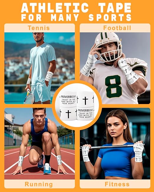 Yigney 4 Pack Christian Athletic Tapes Religious Sport Tape Bible Verse Wrist Tape Cross White Tapes for Sports Gymnastics Tennis 2IN X 23FT