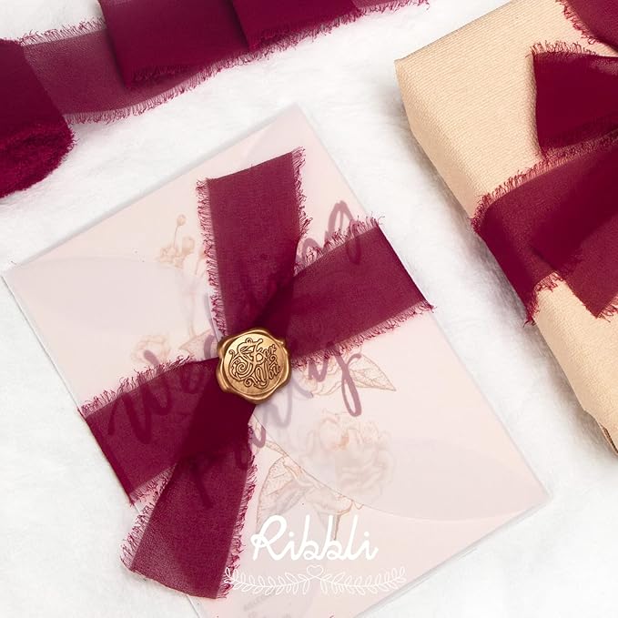 Ribbli Burgundy Chiffon Ribbon 1-1/2 inch x 20 Yard Handmade Fringe Chiffon - Image 3